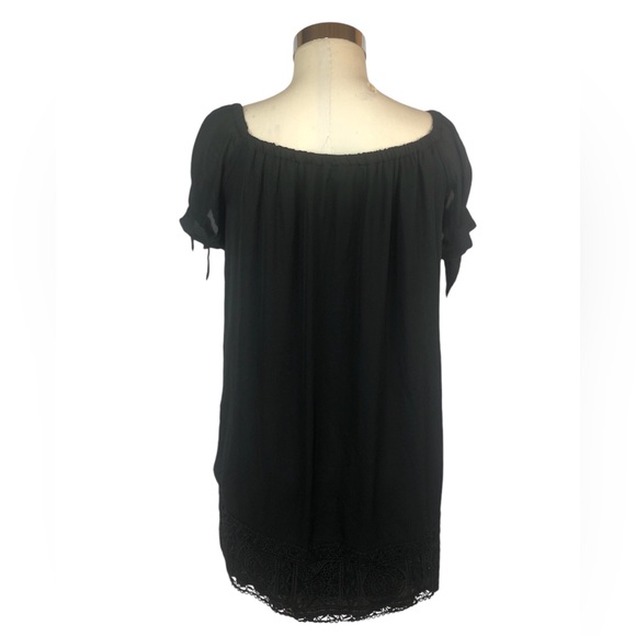 Lulus Black Mini Dress Peasant Style Puffed Sleeve w/Tie Sheer Wide Lace Border - Picture 2 of 9